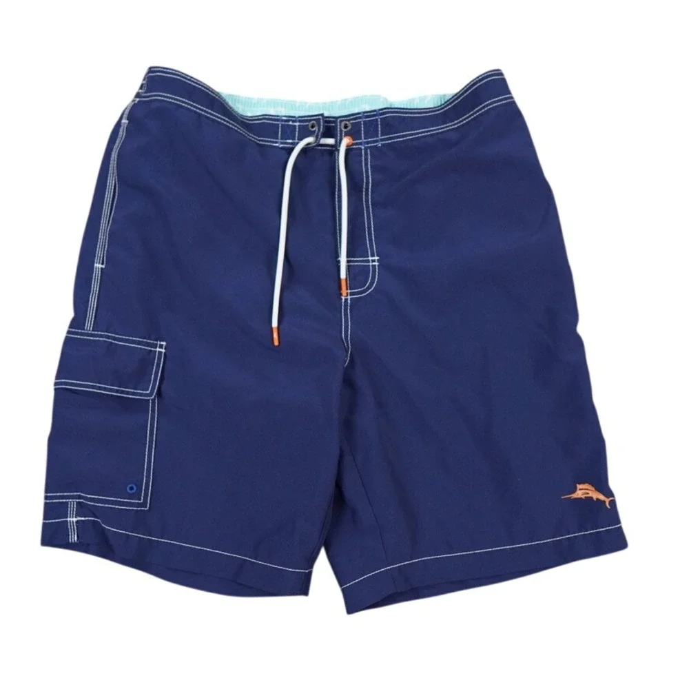Tommy Bahama Board Shorts Mens L Navy Blue Regular Logo Cargo‎ Pocket Beach Swim
